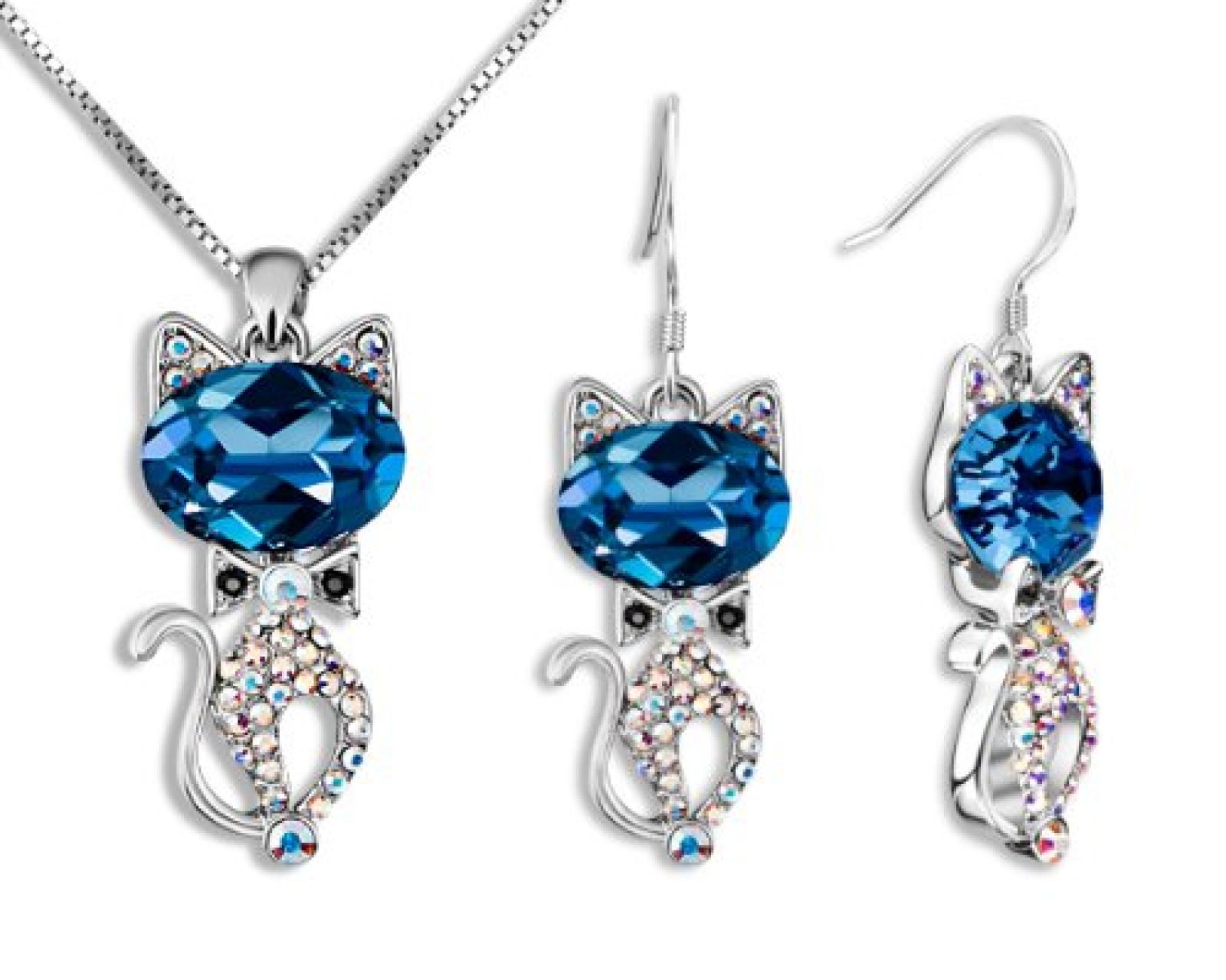 Ninabox Weihnachtsgeschenk blaue hallo kitty Katze Damen Mädchen Halskette-Ohrringe-Set Collier SWAROVSKI ELEMENTS Kristall Modeschmuck Geburtstagsgeschenk für Mädchen/Freundin/Tochter Party Damen Schmuckset weiß vergoldet Legierung Katze Kollektion 