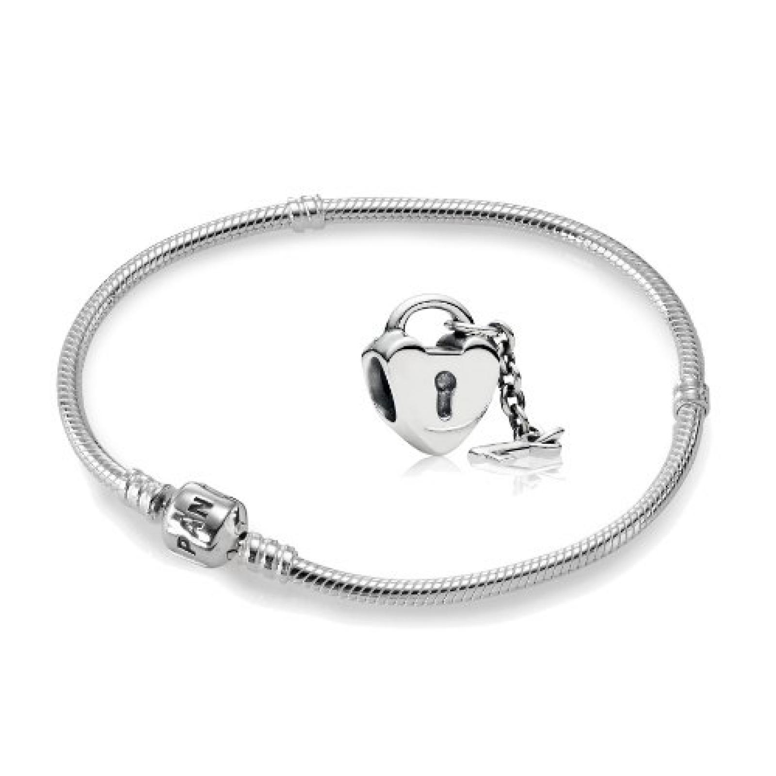 Original PANDORA Starterset / Geschenkset 925er Sterling Silber - 1 Silber Armband - Größe 18 cm - Art.Nr. 590702HV-18 und 1 Silber Charm Herzschloss Art.Nr. 790971 