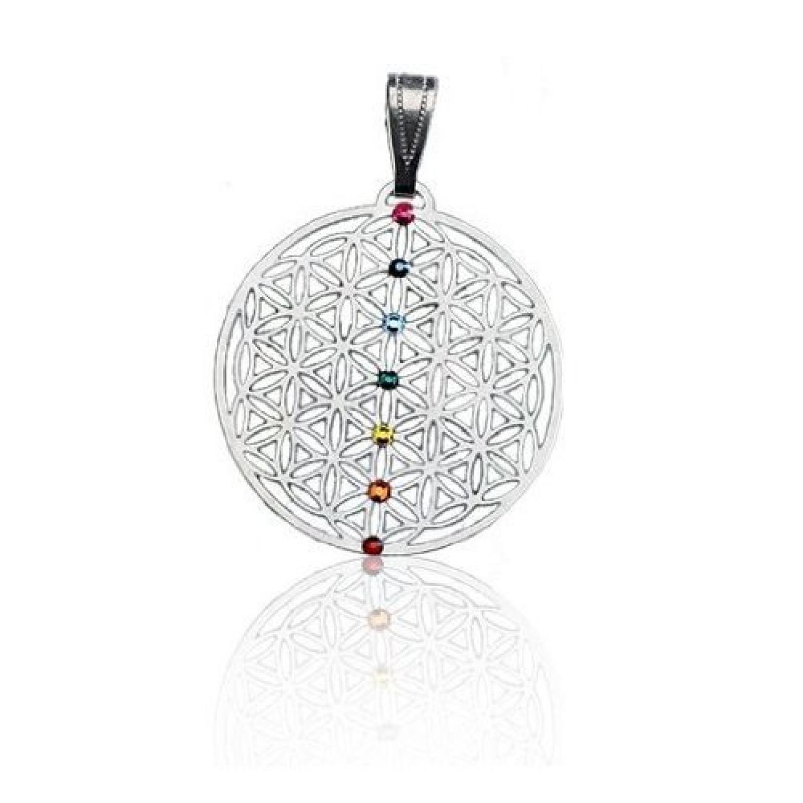 Schmuck Chakra Anhänger Blume des Lebens aus Edelstahl versilbert mit 7 Swarovski Elements, filigranes Amulett Ø 30 mm 