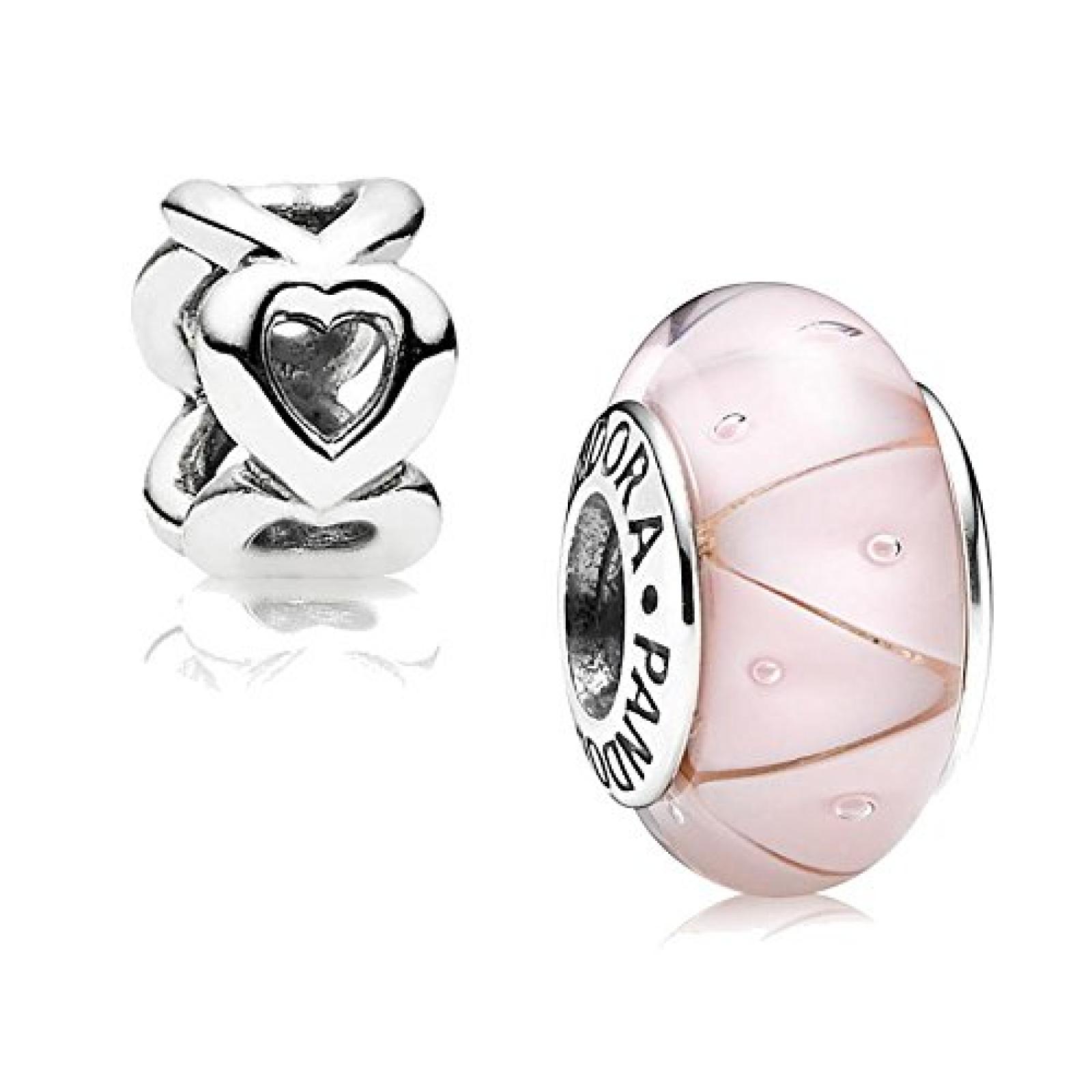 Original Pandora Geschenkset - 1 Silber Muranoglas Element Zick-Zack Rosa 790922 und 1 Silber Zwischenelement Offene Herzen 790454 