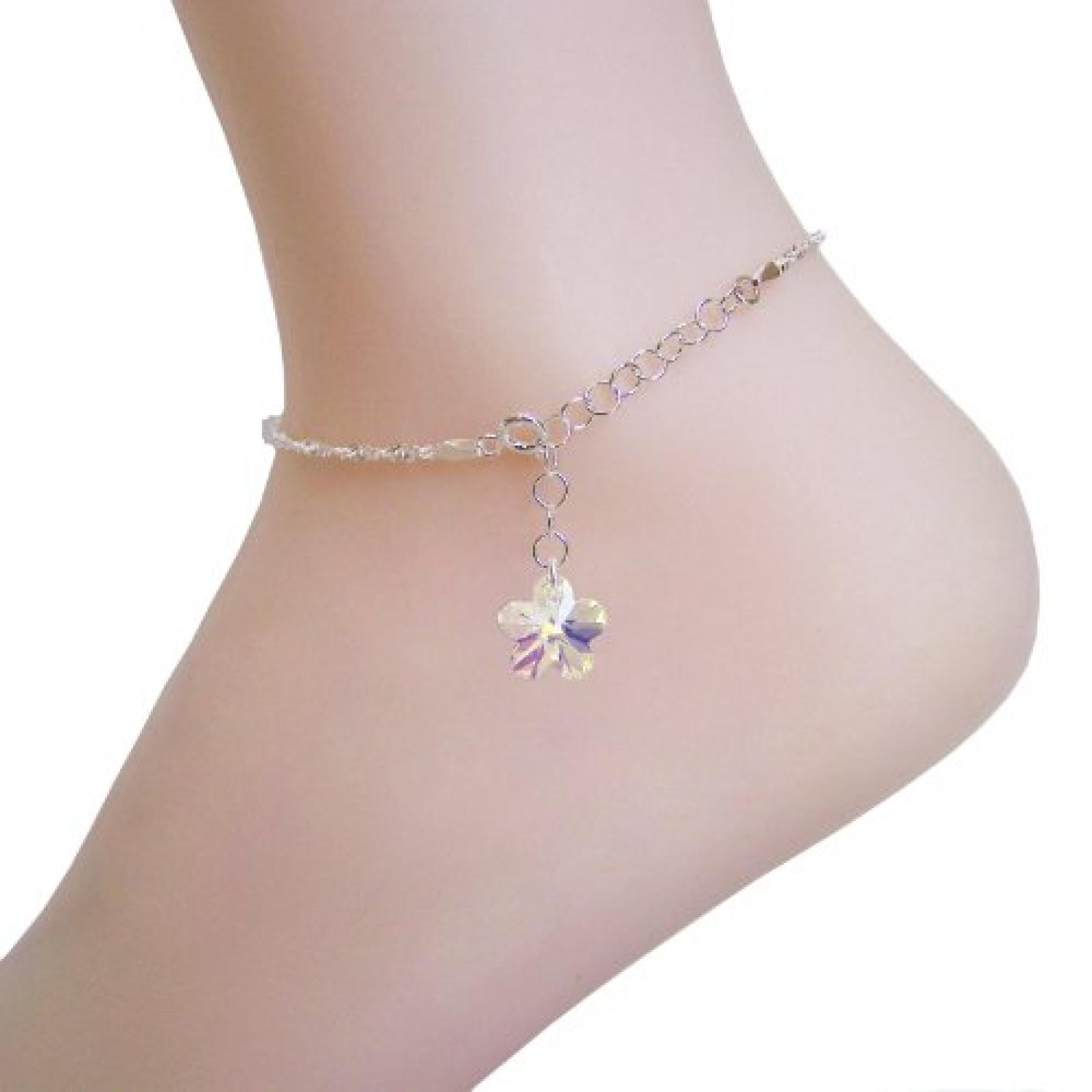 Fußkette aus 925 Silber mit SWAROVSKI ELEMENTS Kristall Blume in Crystal Aurora Boreale 