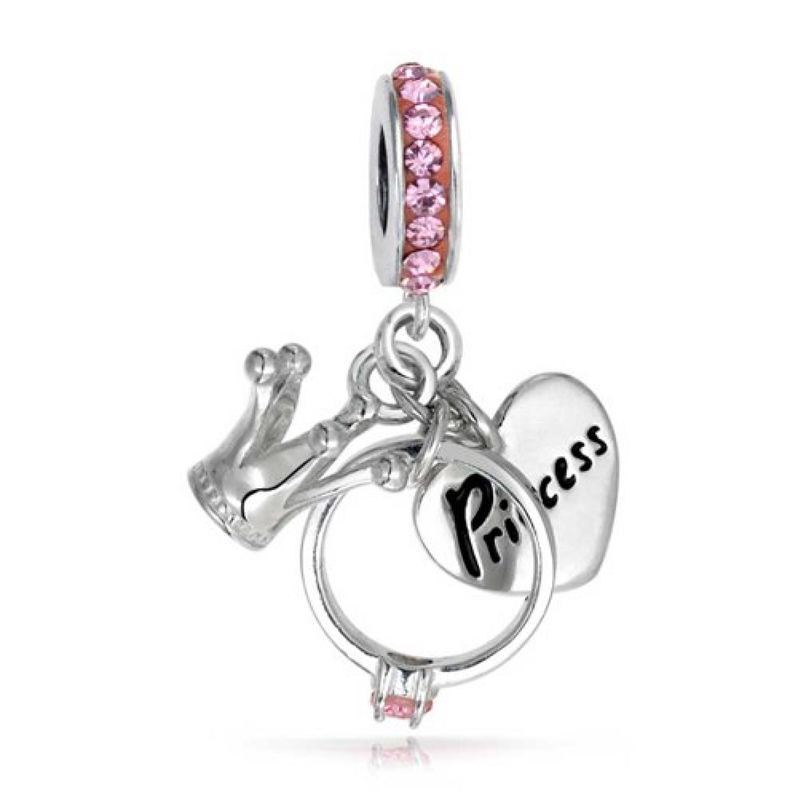 Bling Jewelry Silber Prinzessin Herz Krone Rosa CZ Ring Dangle Charm Passend zu Pandora 