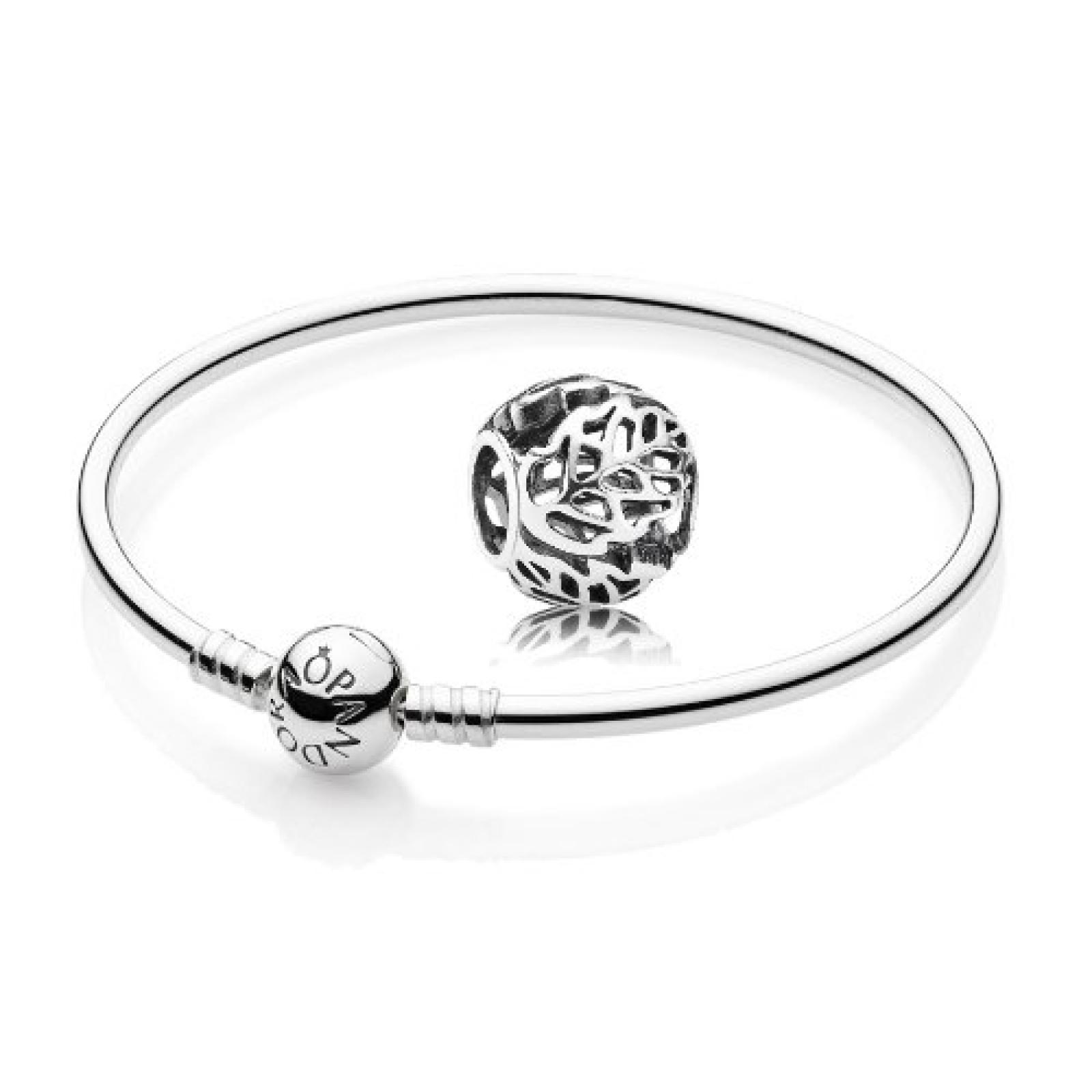 Original PANDORA Starterset / Geschenkset 925er Sterling Silber - 1 Silber Armreif mit rundem Pandora Verschluss - Größe 21 cm - Art.Nr. 590713-21 und 1 Filigranes Silber Charm Durchbrochene Blätter Art.Nr. 791190 