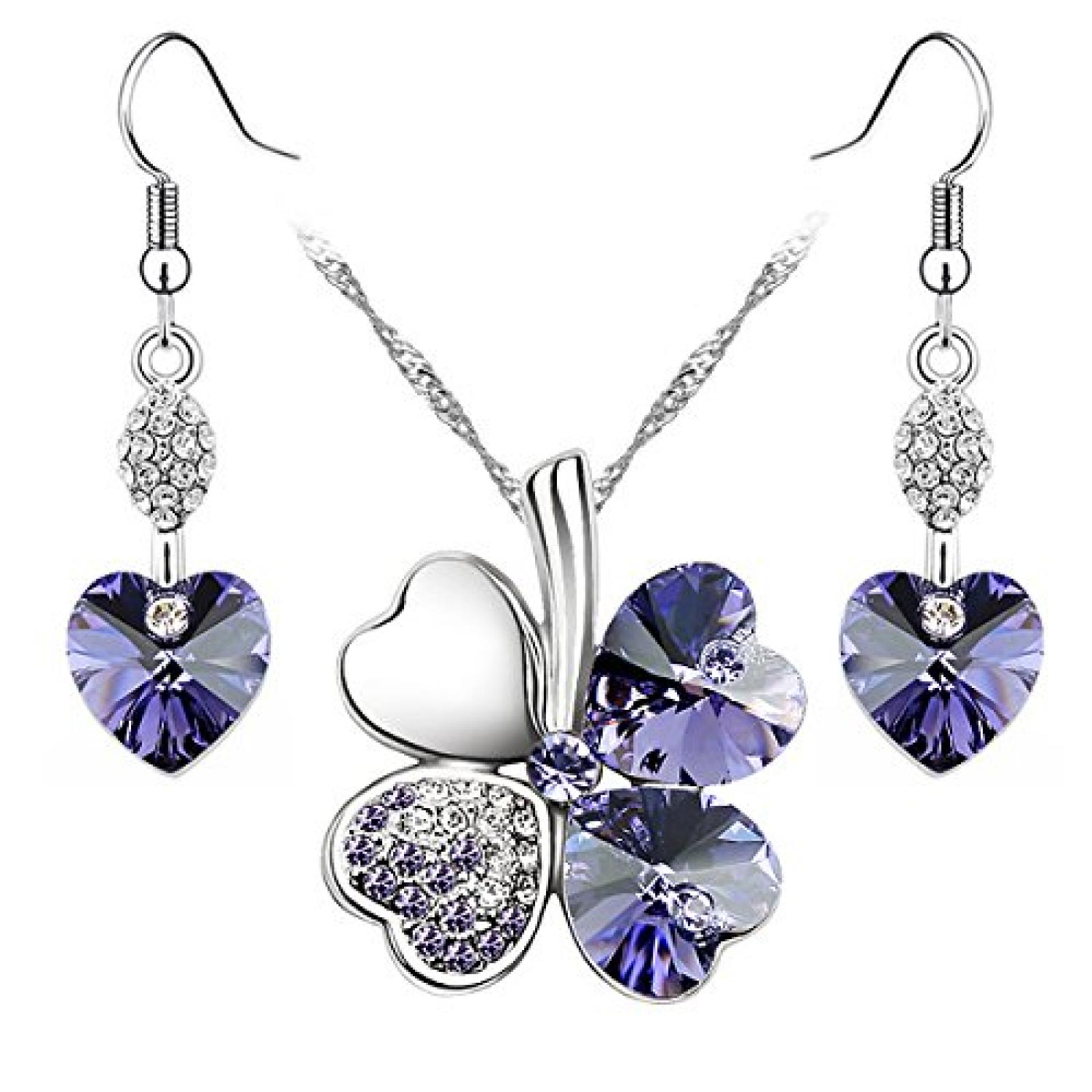 Le Premium® Schmuck-Set Vier Blättern Klee Halskette+ohrring baumeln Herz geformt Swarovski Tansanit lila Kristalle 