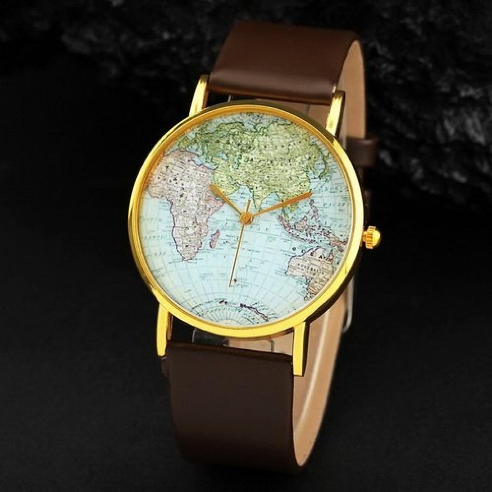 Retro Weltkarte Uhr Lederausstattung Leichtmetall Damen Analoge Quarz Armbanduhr Braun 