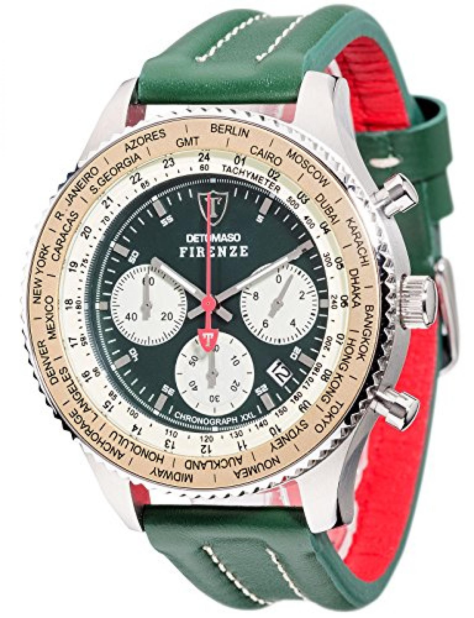 Detomaso Herren-Armbanduhr XL FIRENZE RACING XXL Green Classic Chronograph Quarz Leder DT1045-B 