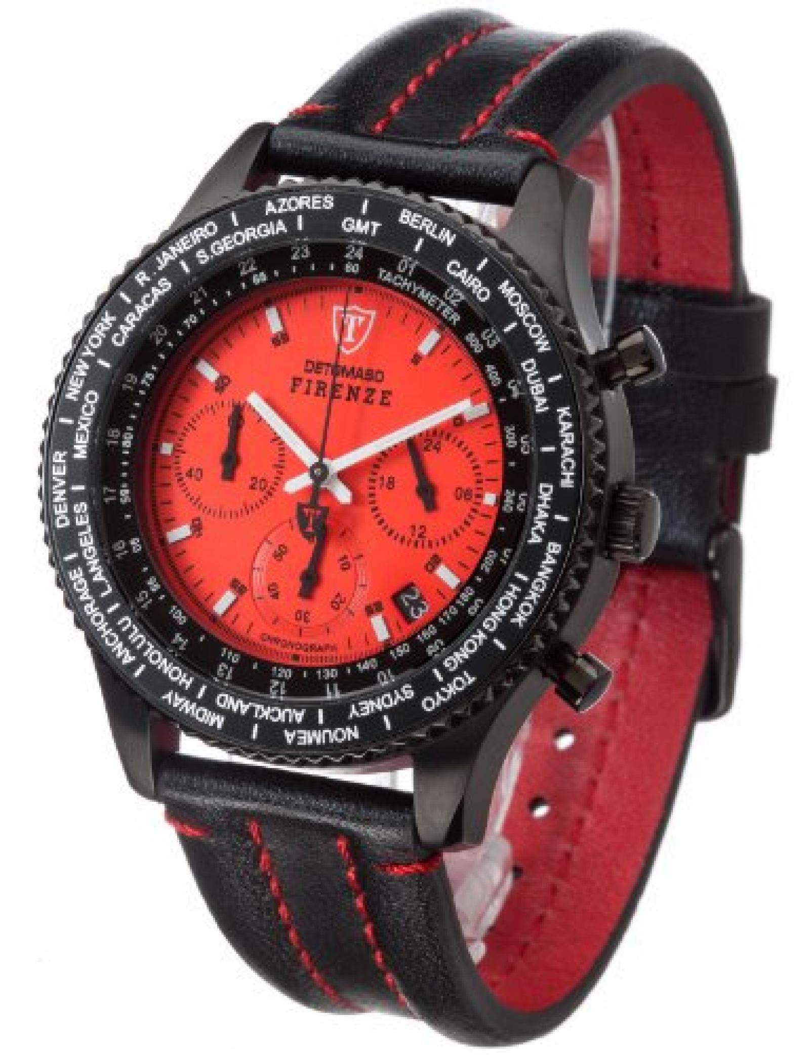 Detomaso Herren-Armbanduhr FIRENZE Chronograph Black Red Dial Leder Quarz 