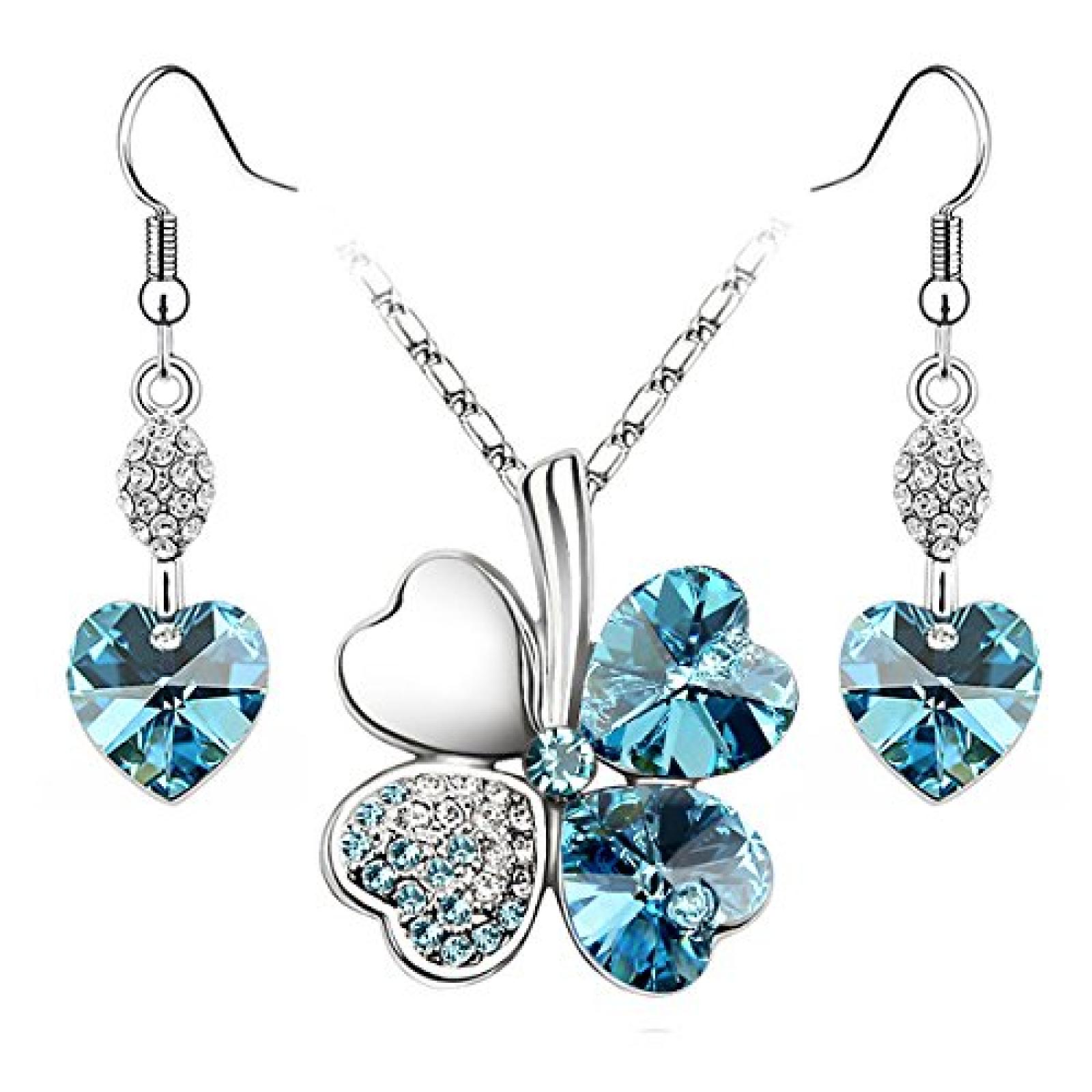 Le Premium® Schmuck-Set Vier Blättern Klee Halskette+ohrring baumeln Herz geformt Swarovski Aquamarine Blau Kristalle 