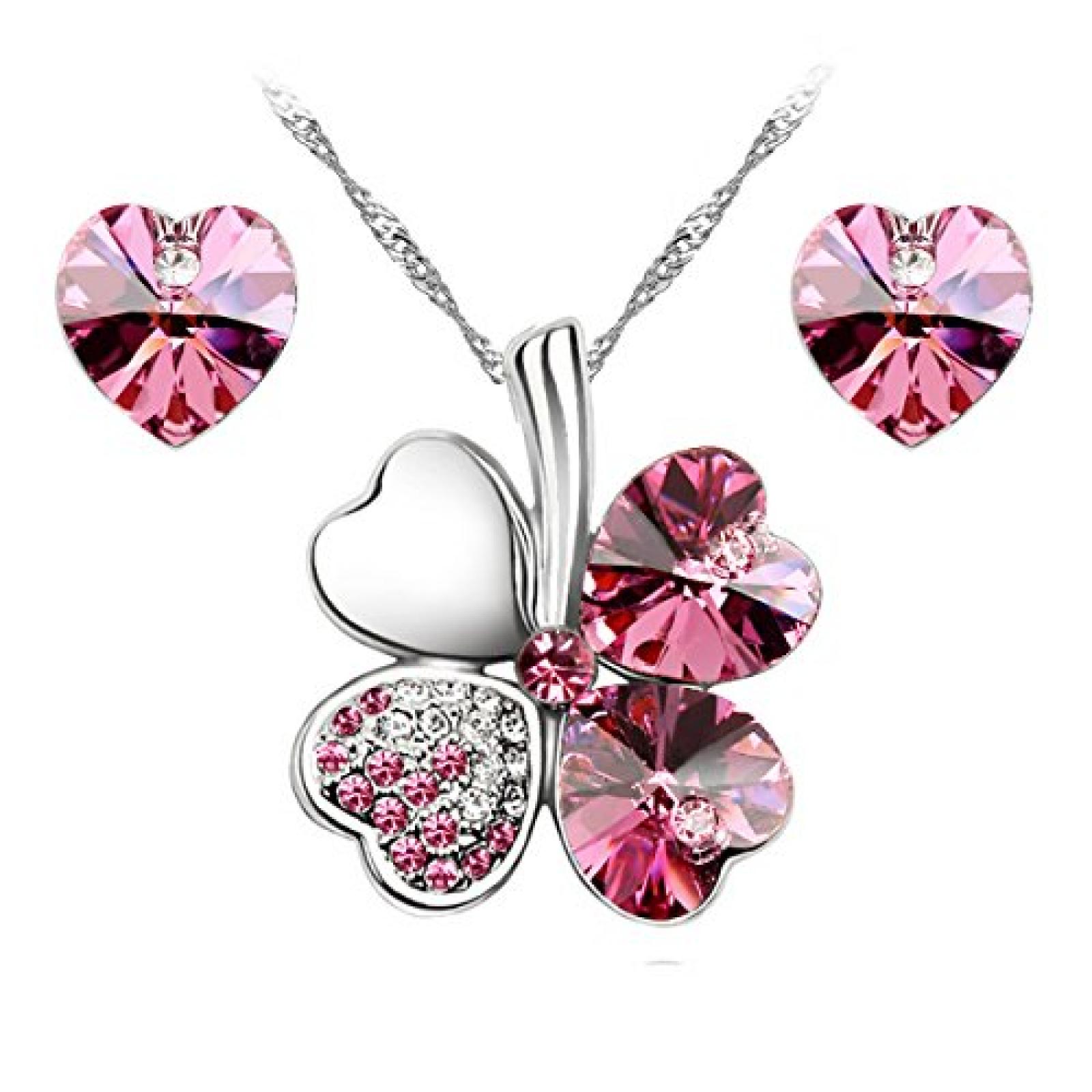 Le Premium® Schmuck-Set vier Blättern Klee Halskette+ohrring Gestüt Herz geformt Swarovski Rosa Kristalle 