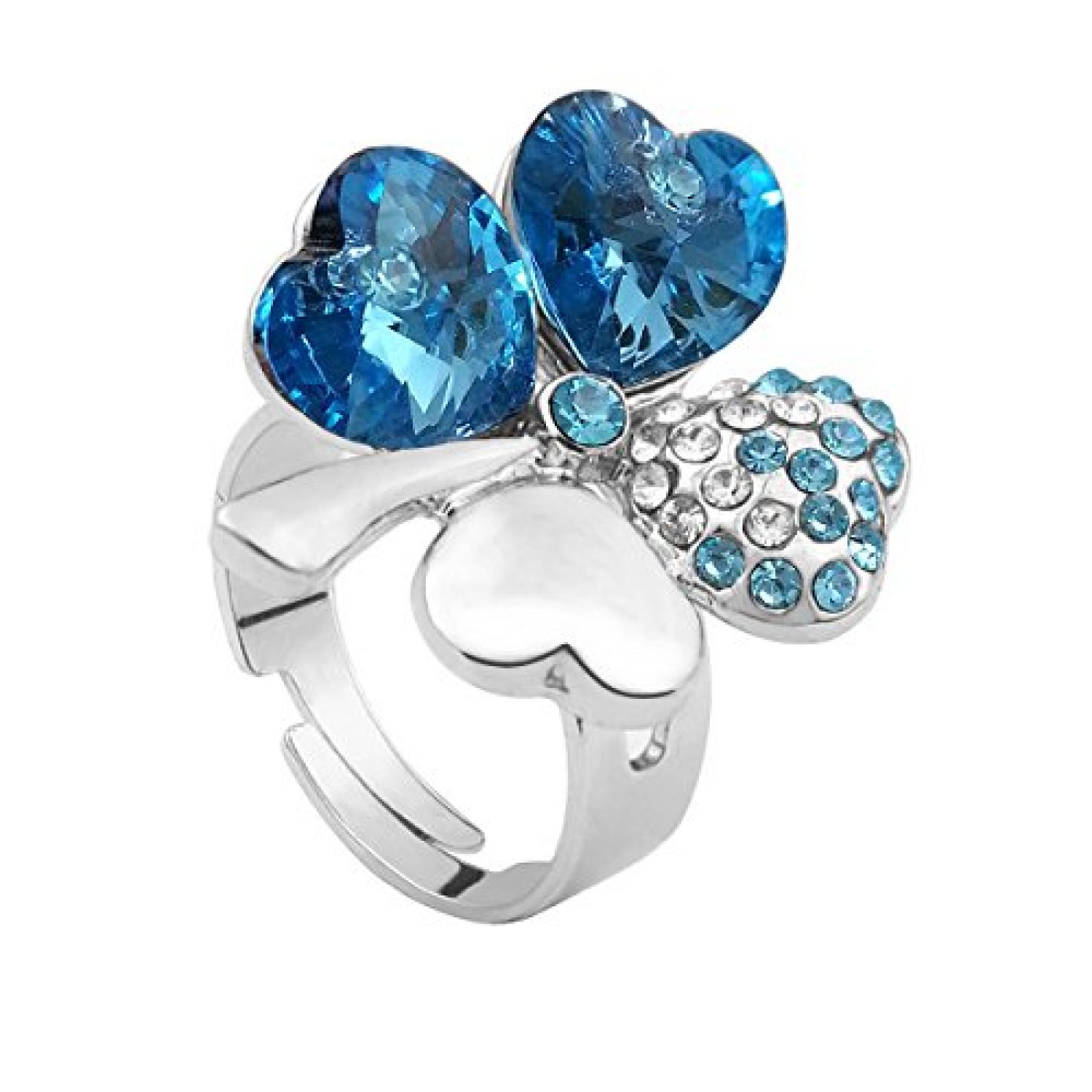 Le Premium® Vier Blatt Klee Mode-Fingerring herzförmigen Swarovski Aquamarine Blau kristalle (einstellbarer Größe) 