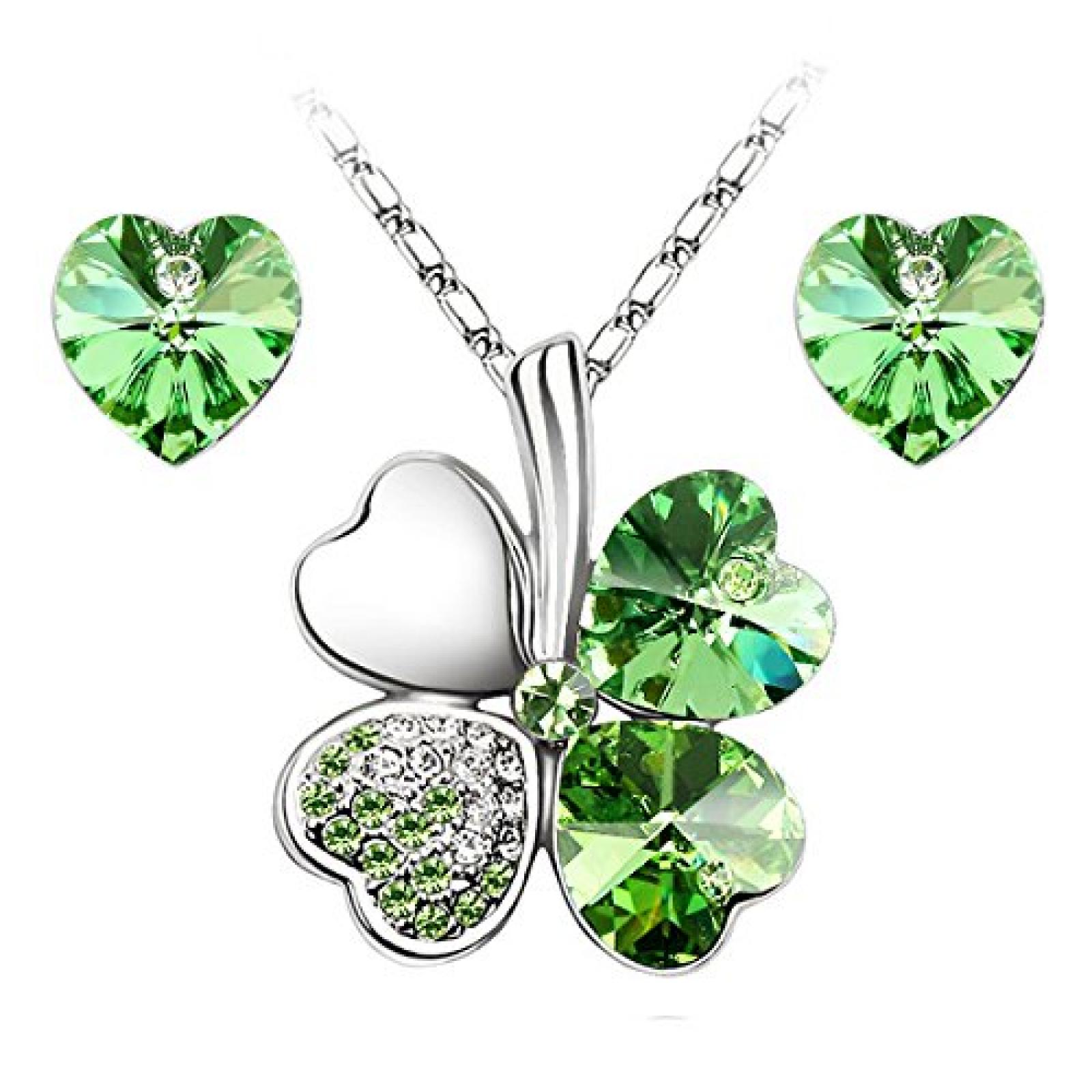 Le Premium® Schmuck-Set vier Blättern Klee Halskette+ohrring Gestüt Herz geformt Swarovski peridot grüne Kristalle 