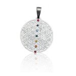 Schmuck Chakra Anhänger Blume des Lebens aus Edelstahl versilbert mit 7 Swarovski Elements, filigranes Amulett Ø 30 mm B007UXTL50